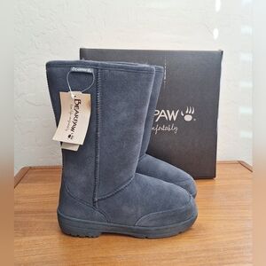 BearPaw Genuine Suede Sherpa Boots Tall Midcalf Wool Sheepskin Gray Womens 6 NEW